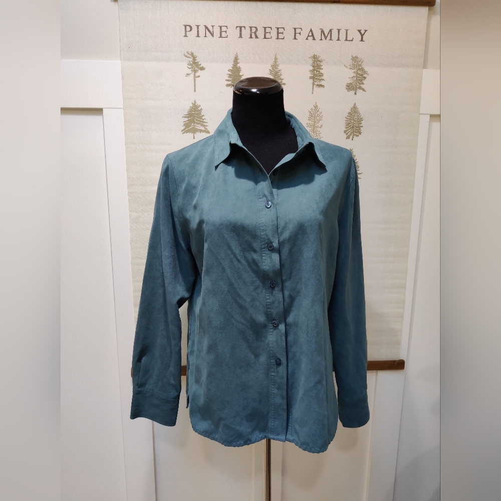 Denver Hayes Teal Faux Suede Western Button-Up Soft Brushed Collared Top - LG
